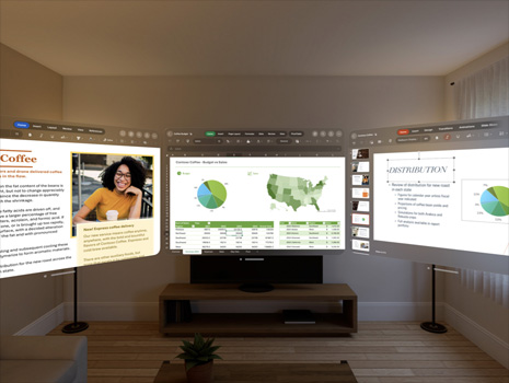图片中通过 Apple Vision Pro 的视角,看到客厅内有三块屏幕,正在展示一份演示文稿。