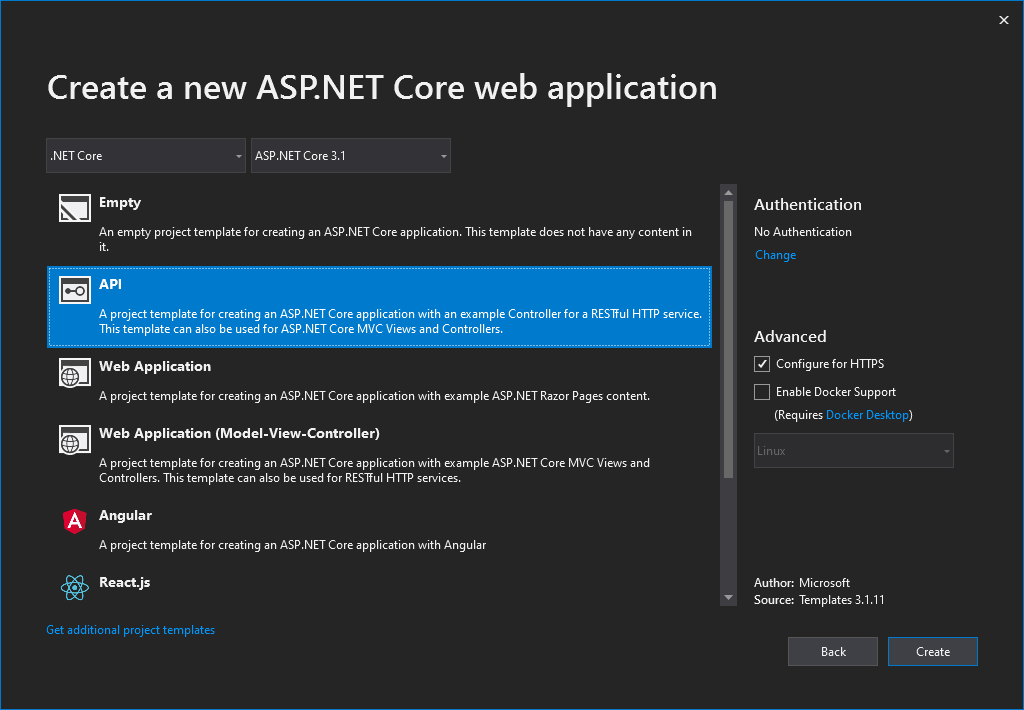 “新建 ASP.NET Web 应用程序”对话框,其中已选中 Web API 项目模板
