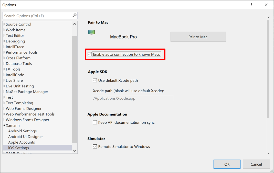 在 Visual Studio 中启用与已知 Mac 的自动连接。